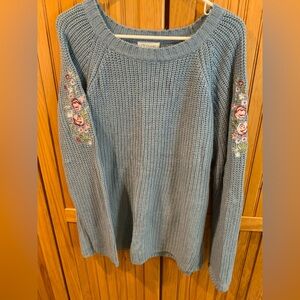 Classic Blue Sweater with Floral Embroidery